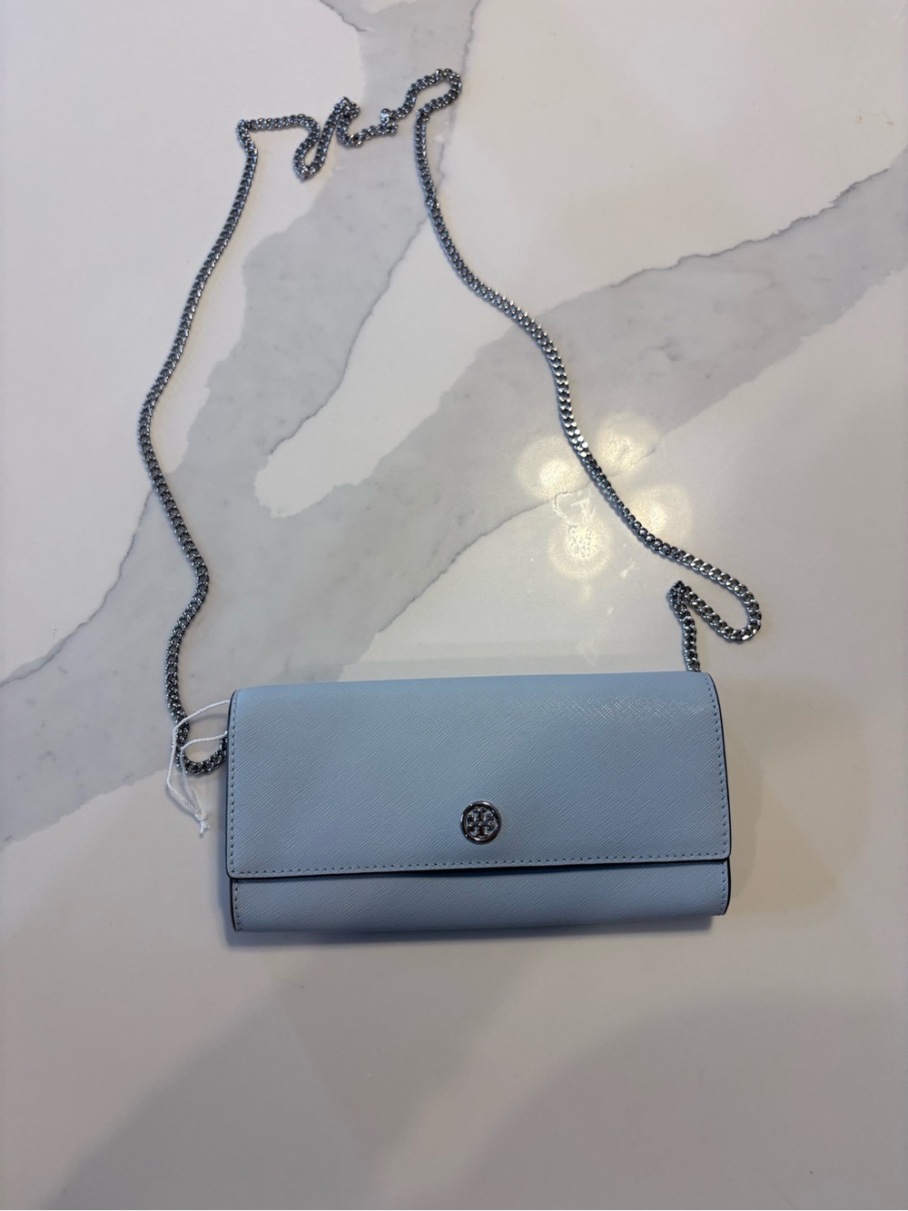 Tory Burch Light Blue Crossbody Wallet with Silver Chain